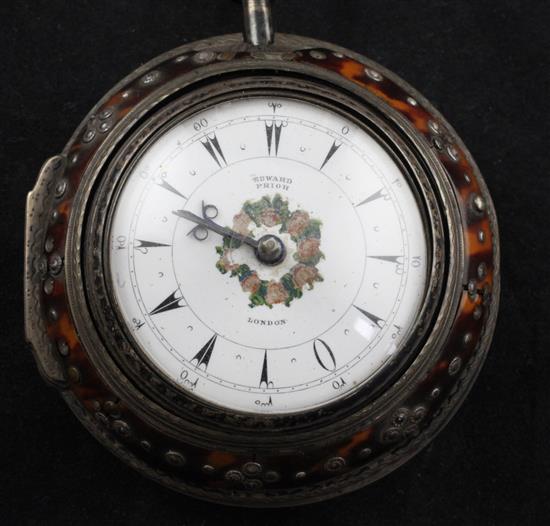A Victorian triple cased silver and tortoiseshell keywind verge pocket watch made for the Turkish market, by Edward Prior,